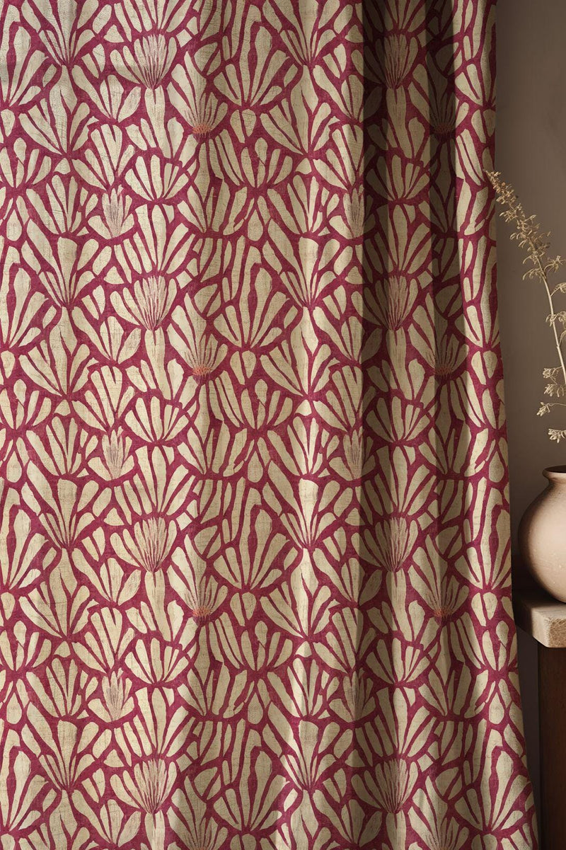 Burgundy Floral Linen Curtain: Bold Petal Print, Light Filtering