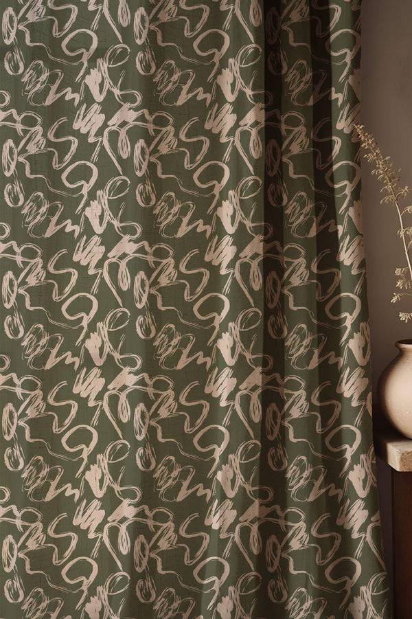 Abstract Brushstroke Linen Curtain: Olive Green Modern Art Window Panel