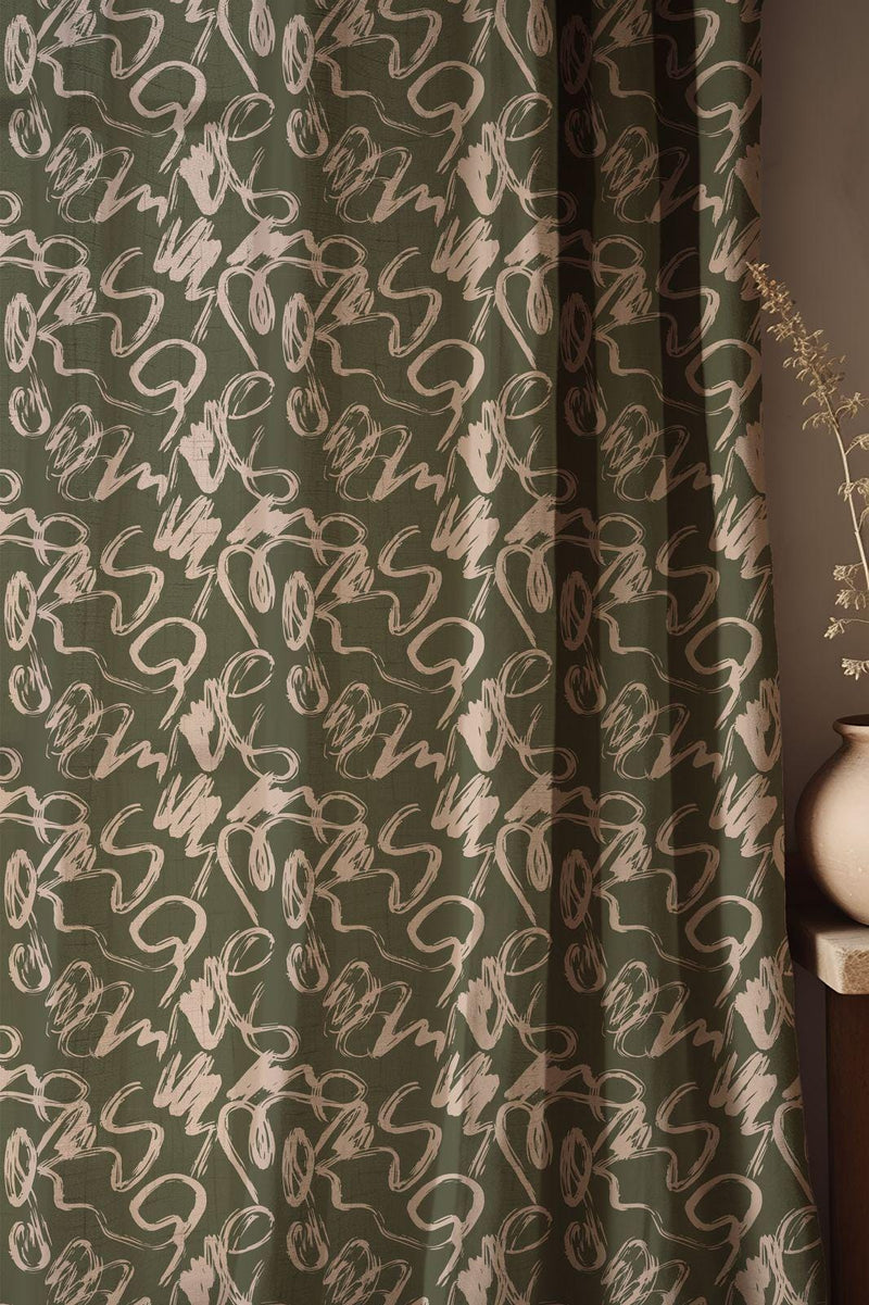 Abstract Brushstroke Linen Curtain: Olive Green Modern Art Window Panel