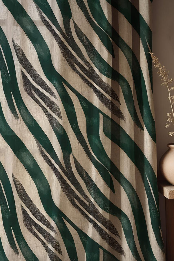 Linen Zebra Print Curtain: Green & Black Jungle Decor