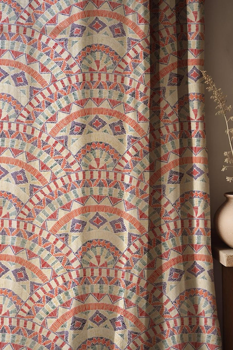 Boho Sunburst Linen Curtain: Geometric Tribal Window Panel