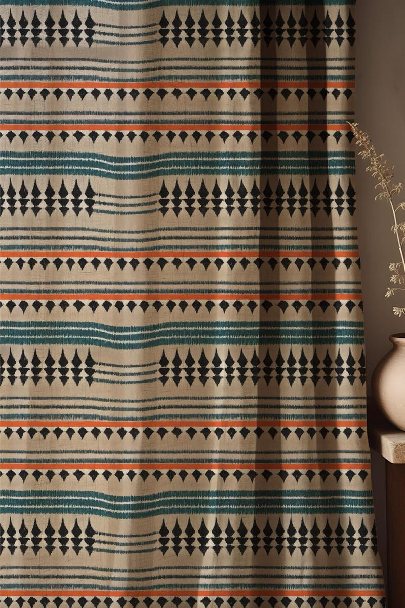 Tribal Stripe Linen Curtain: Boho Geometric Teal & Black Drapery