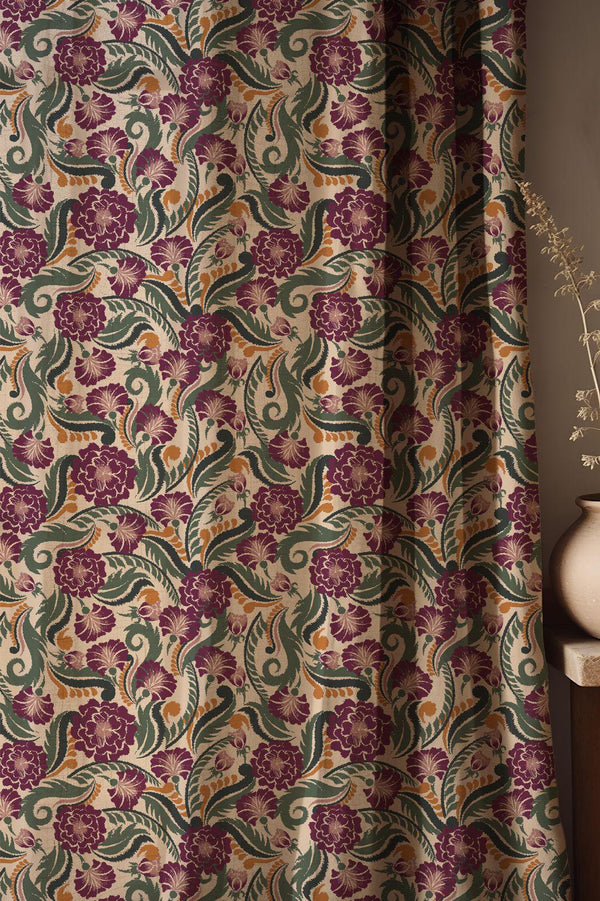 Vintage Botanical Linen Curtain: Plum & Green Floral Damask Window Panel