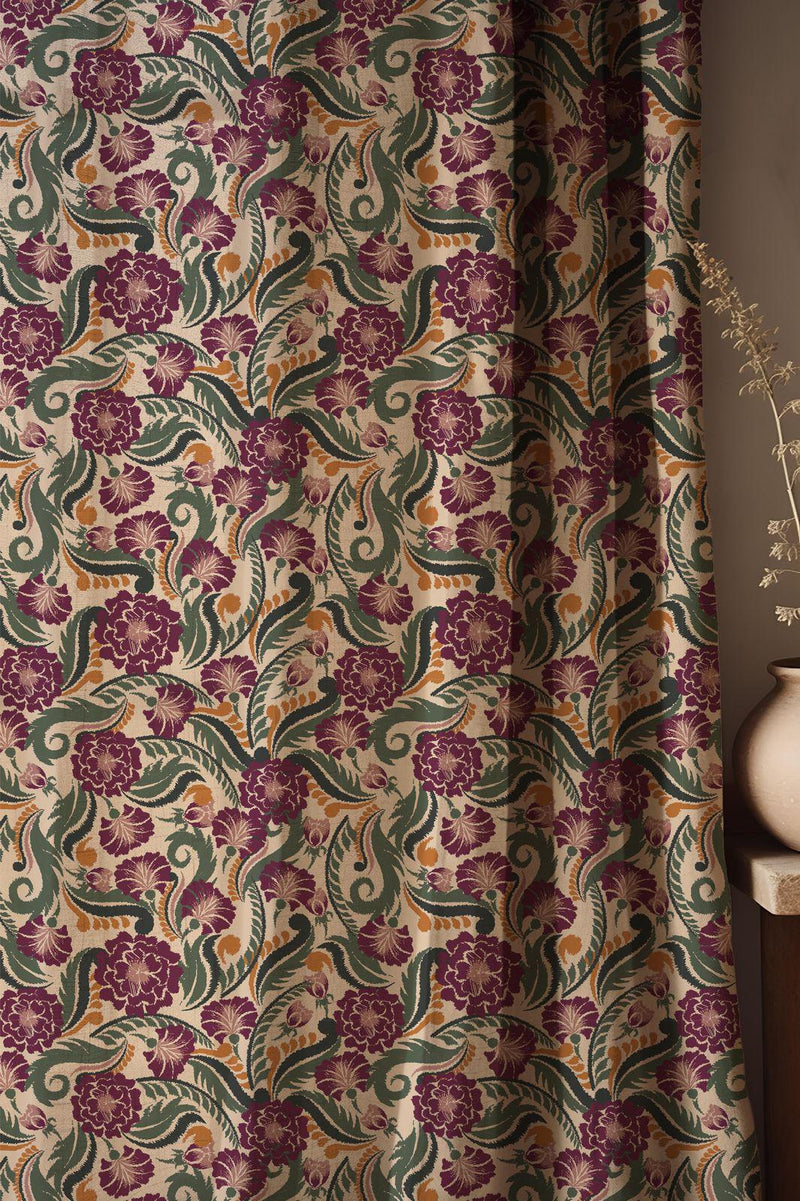 Vintage Botanical Linen Curtain: Plum & Green Floral Damask Window Panel