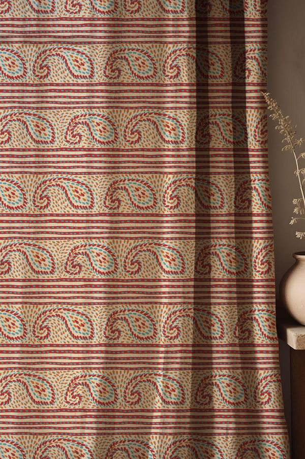 Rustic Paisley Linen Curtain: Red & Teal Boho Stripe Window Panel