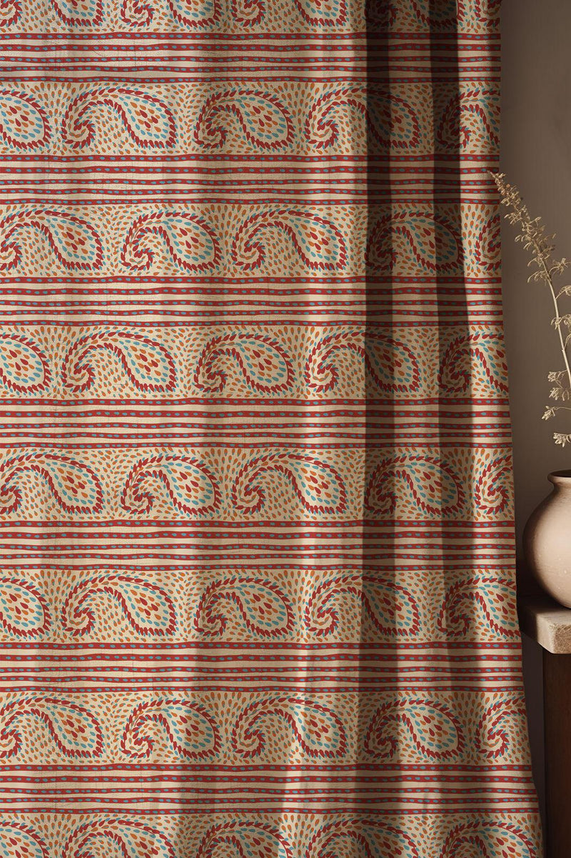 Rustic Paisley Linen Curtain: Red & Teal Boho Stripe Window Panel
