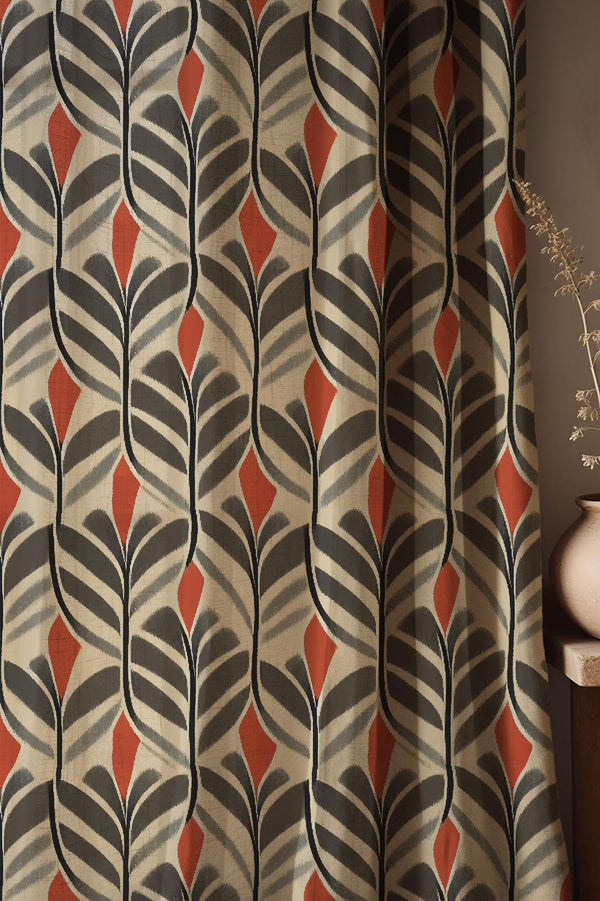 Retro Leaf Linen Curtain: Mid-Century Modern Terracotta & Black Drapery