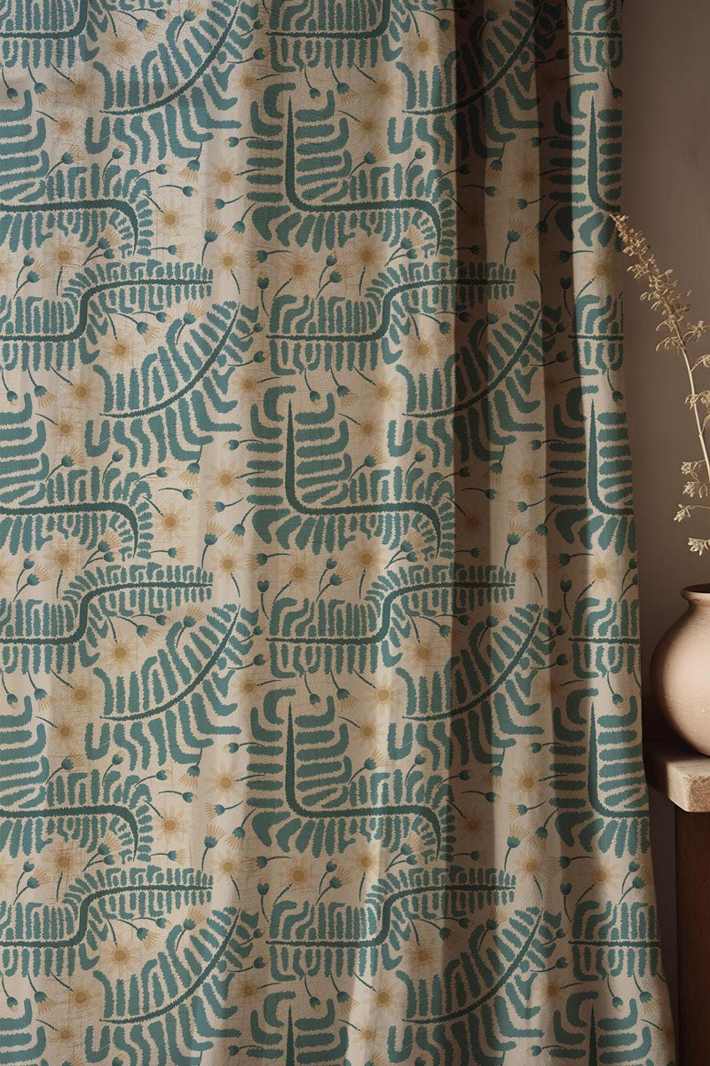 Teal Fern & Daisy Linen Curtain: Botanical Print Window Panel