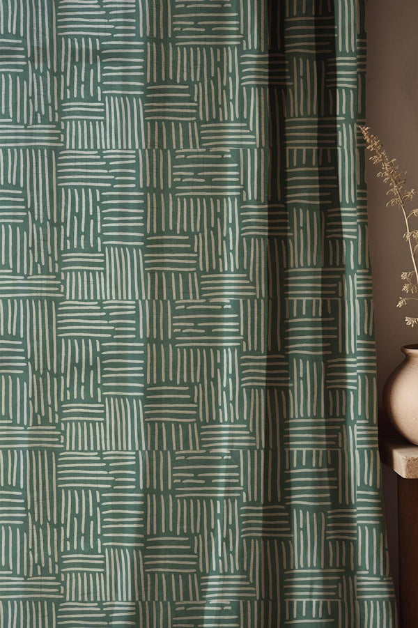 Teal Geometric Linen Curtain: Modern Block Print Drapery