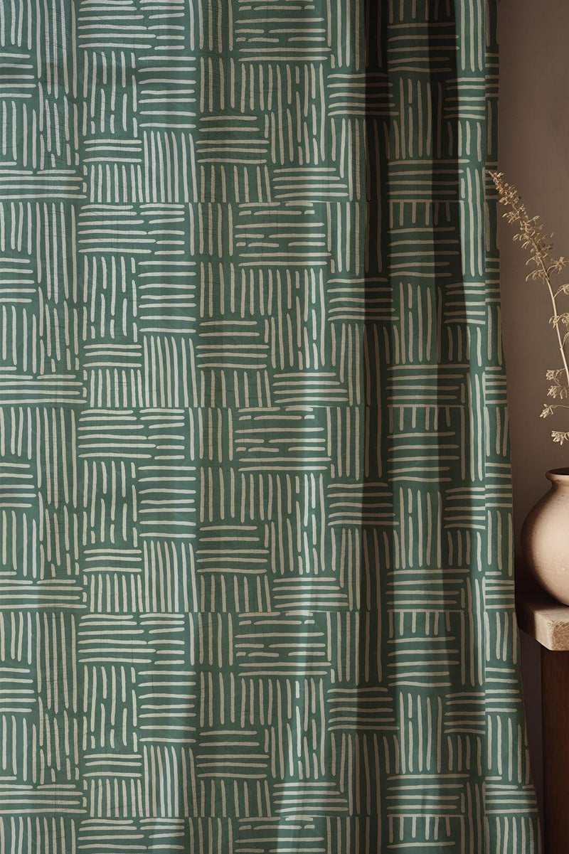 Teal Geometric Linen Curtain: Modern Block Print Drapery