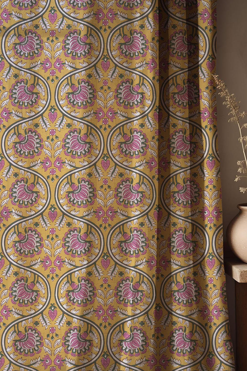 Indian Block Print Linen Blend Curtain: Mustard & Pink Paisley