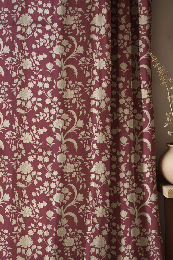 Vintage Burgundy Floral Linen Curtain: Elegant Botanical Window Panel