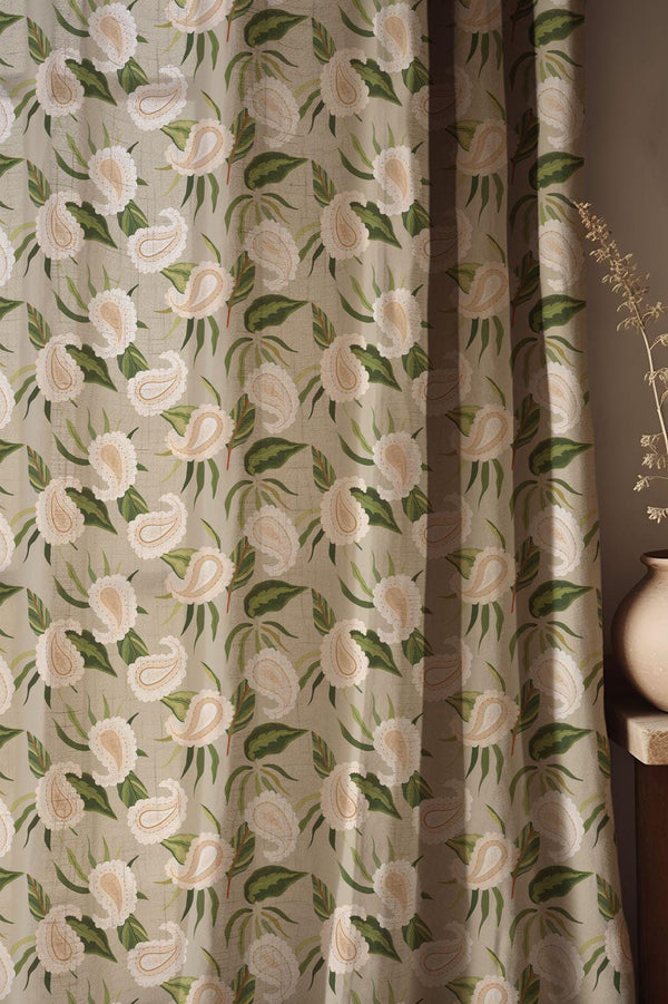Floral Paisley Linen Curtain: Green Leaf Botanical Window Panel