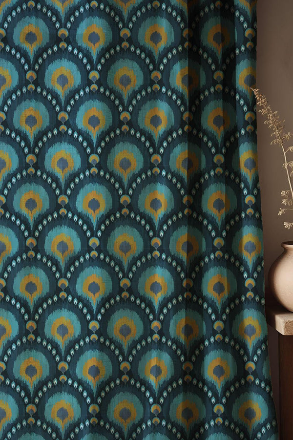 Peacock Ikat Linen Curtain: Blue Green Bohemian Window Panel