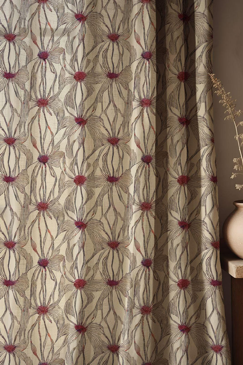 Floral Linen Curtain: Burgundy Wildflower Line Art Print