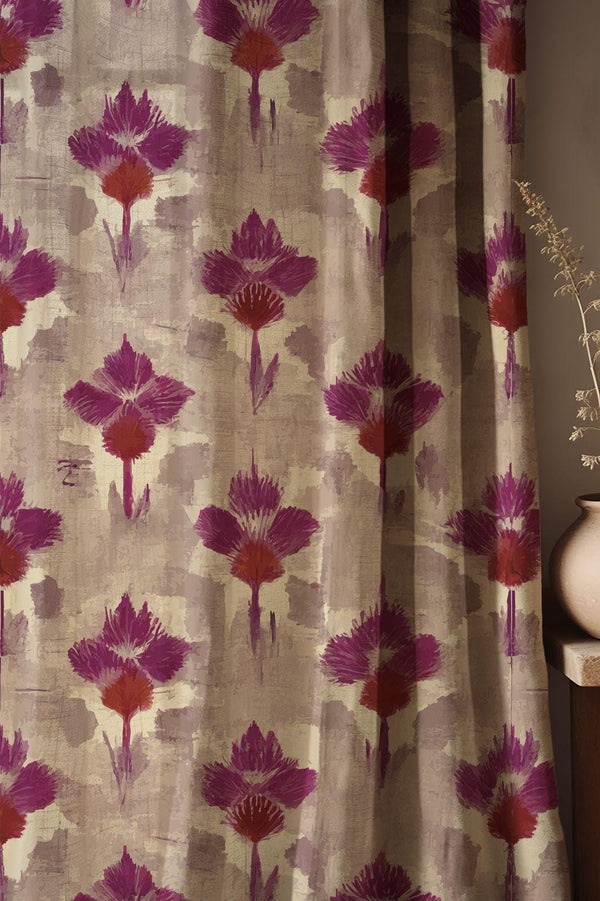 Watercolor Floral Linen Curtain: Purple Red Artistic Window Panel