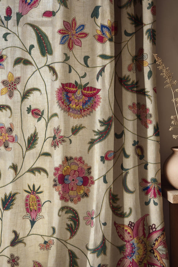 Floral Linen Curtain: Romantic Pink & Green Botanical Cottagecore Drapes