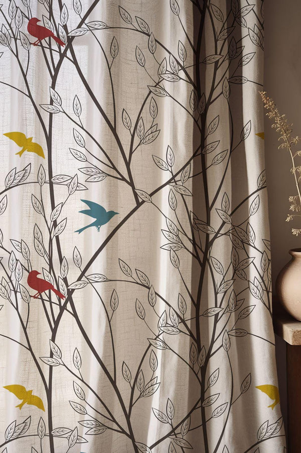 Bird and Tree Linen Curtain: Modern Nature-Inspired Window Decor