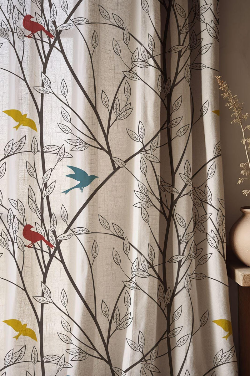 Bird and Tree Linen Curtain: Modern Nature-Inspired Window Decor