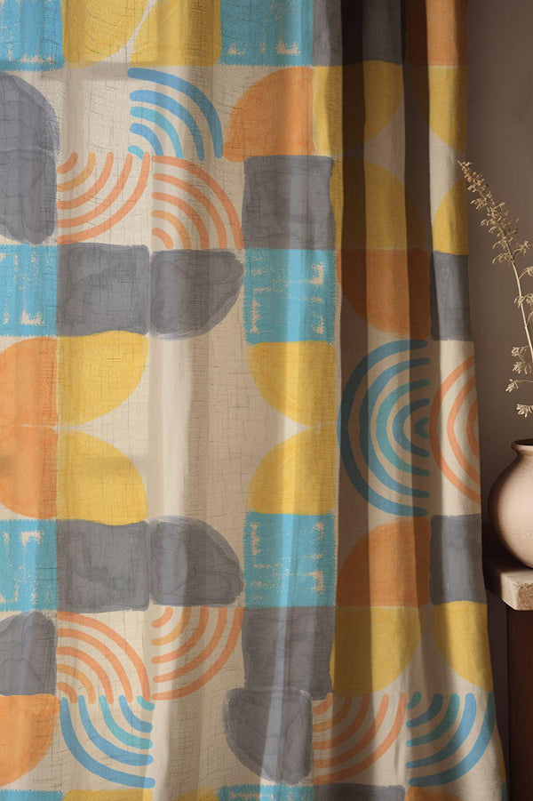 Geometric Linen Curtain: Mid-Century Modern Abstract Window Panel