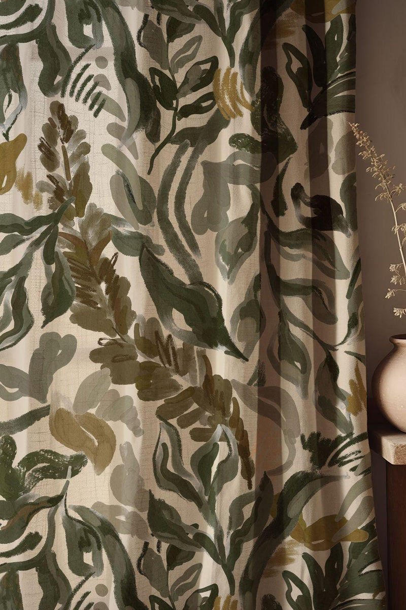 Olive Green Linen Curtain: Hand-Painted Leafy Jungle Print