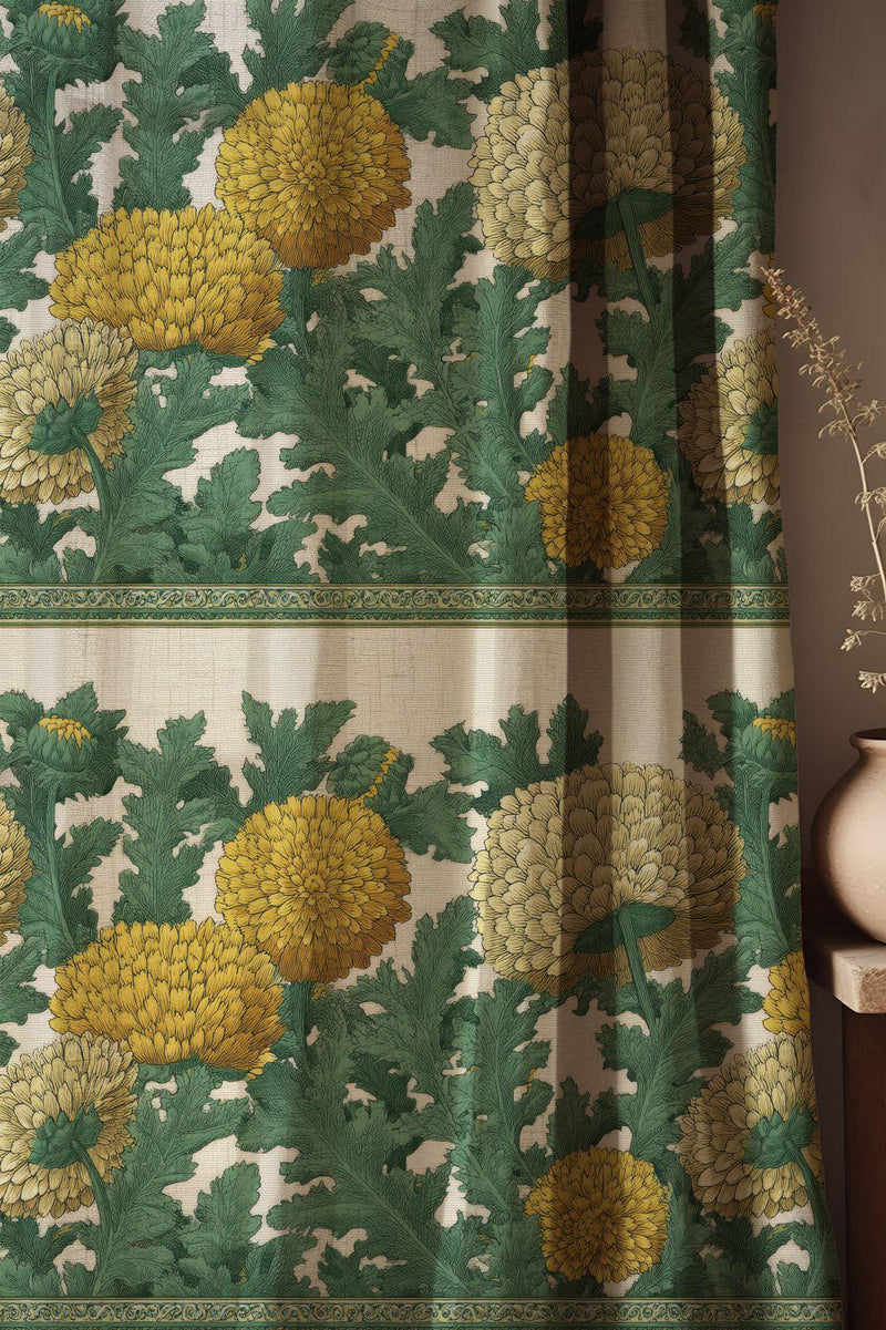 Vintage Floral Linen Curtain: Yellow Chrysanthemum Botanical Print