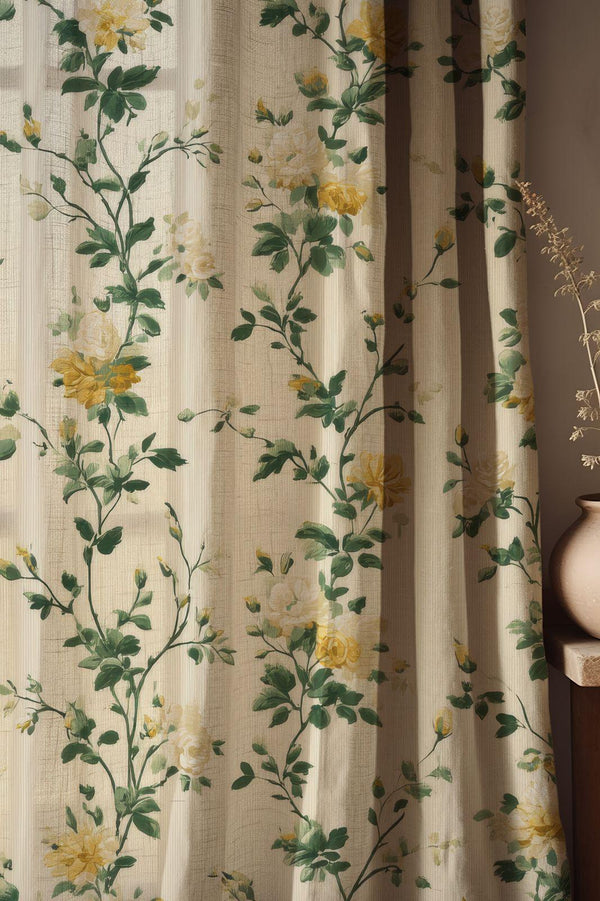 Rose Linen Curtain: Yellow & White Floral Print, Natural Fabric