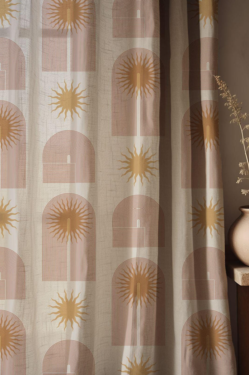 Boho Sunburst Linen Curtain: Terracotta & Mustard Arch Print