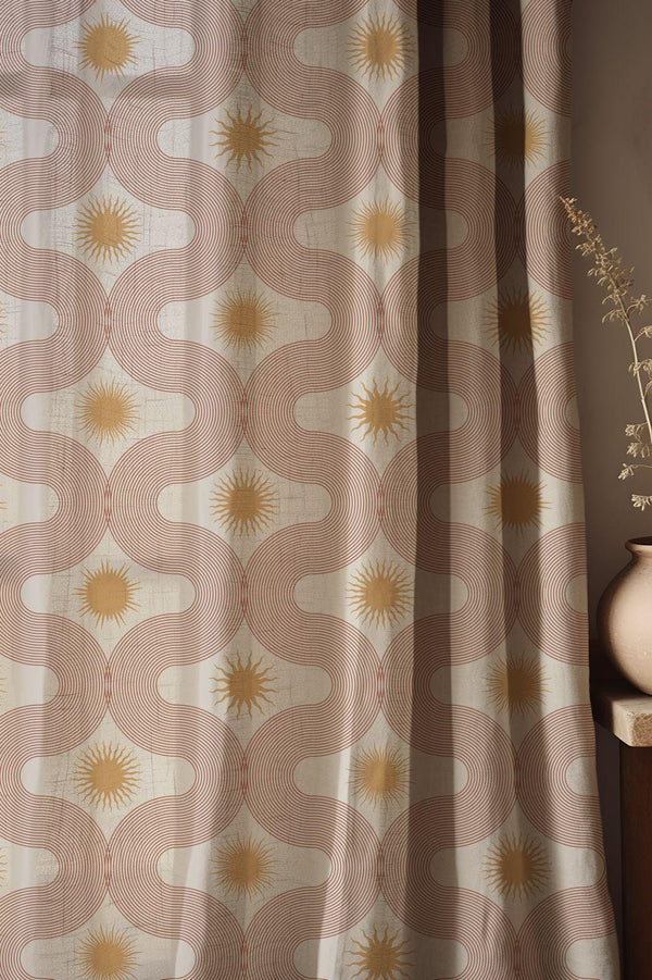 Retro Sun Linen Curtain: Wavy Terracotta & Mustard Print