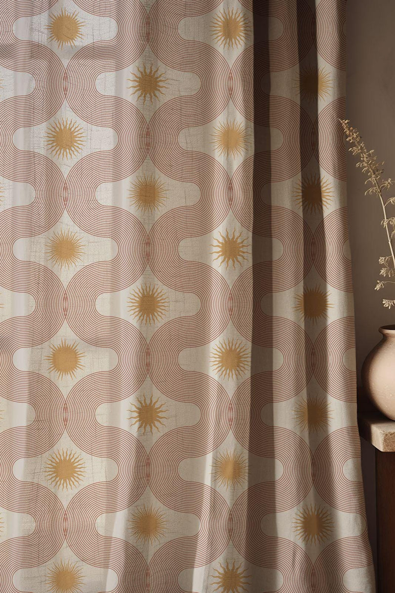 Retro Sun Linen Curtain: Wavy Terracotta & Mustard Print