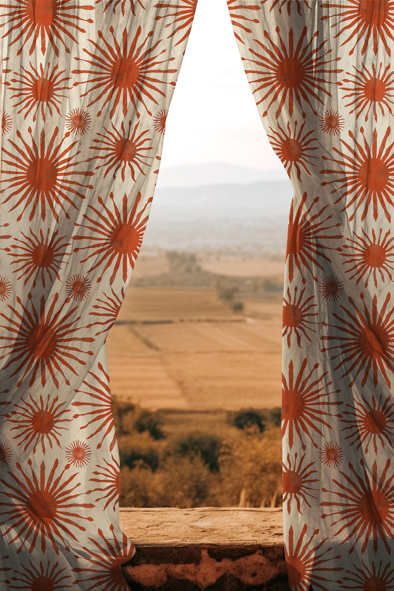 Burnt Orange Sun Print Sheer Curtain Panel: Boho Window Decor