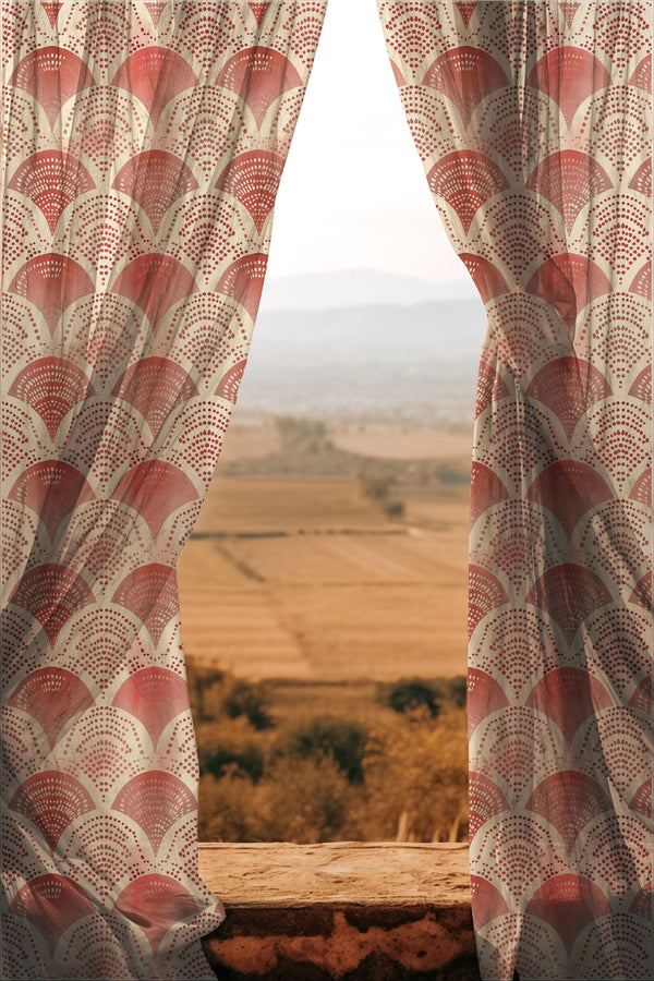 Red Fan Pattern Sheer Linen Curtain Panel: Boho Light Filtering Drape