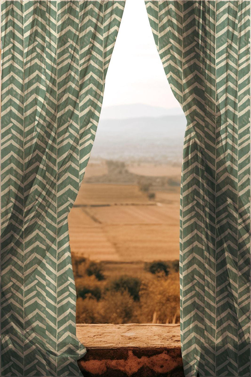 Sheer Chevron Curtain Panel: Soft Green Geometric Window Drape