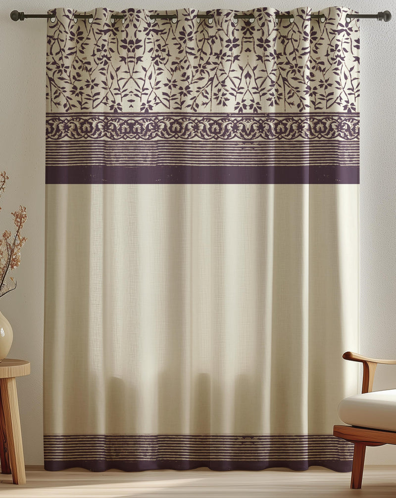 Floral Block Print Cotton Linen Curtain Panel: Boho Botanical Window Drapery