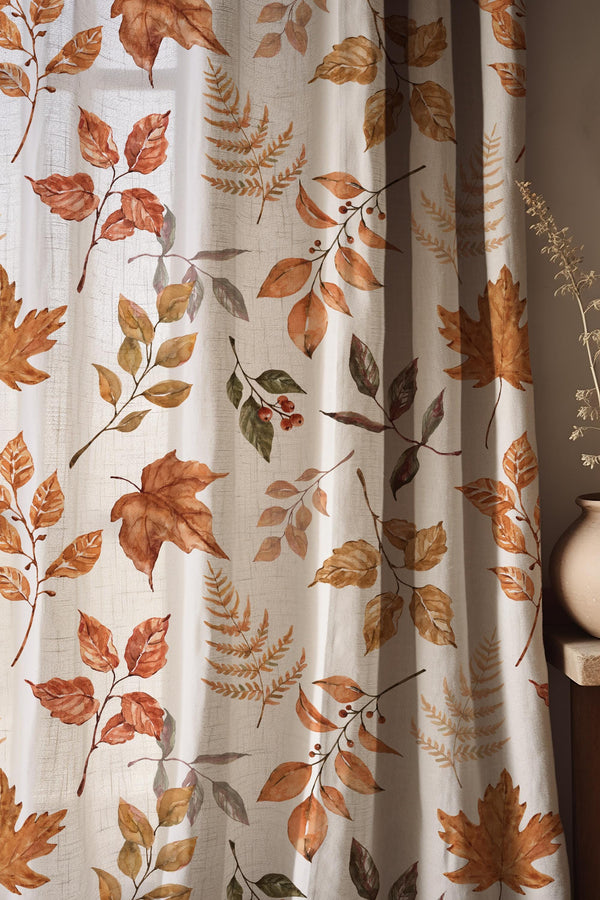 Autumn Leaf Curtain – Linen Cotton Fall Drapes – Rustic Botanical Window Panel – Seasonal Farmhouse Decor