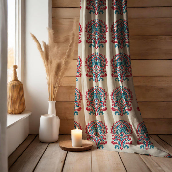 Boho Floral Curtain Panel: Cotton Linen Damask Print, Rustic Farmhouse Drapery