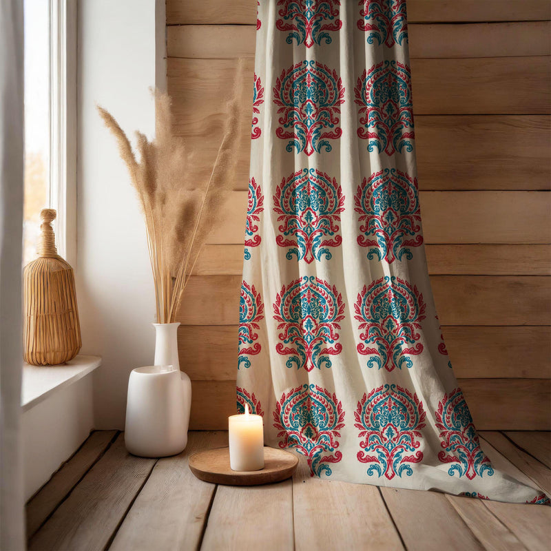 Boho Floral Curtain Panel: Cotton Linen Damask Print, Rustic Farmhouse Drapery