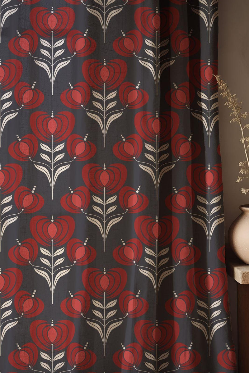 Red Floral Curtain: Scandinavian Tulip Print, Cotton Linen Drapery