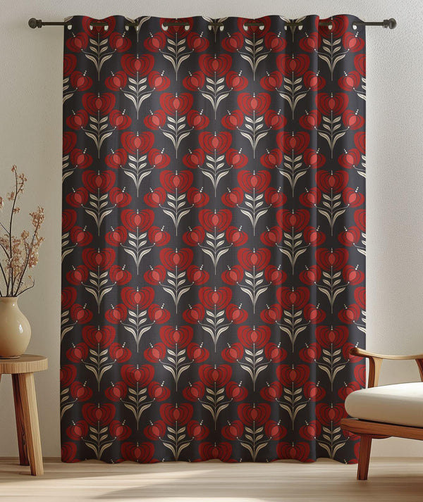 Red Floral Curtain: Scandinavian Tulip Print, Cotton Linen Drapery
