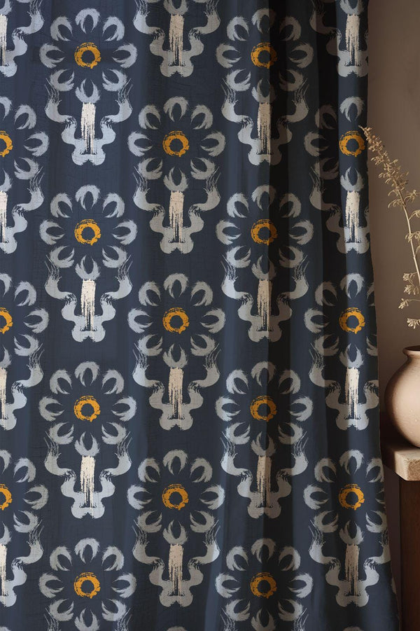 Navy Ikat Linen Curtain: Hand-Painted Style Boho Window Panel