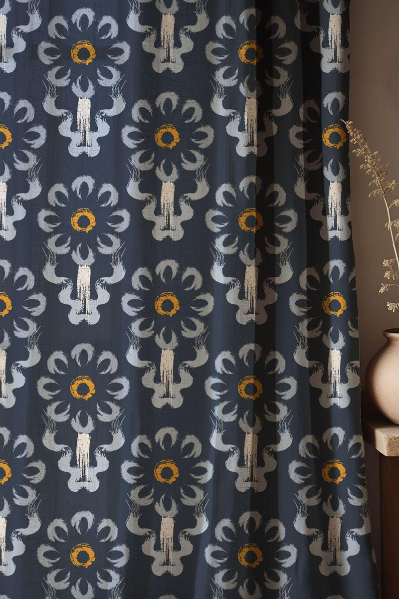 Navy Ikat Linen Curtain: Hand-Painted Style Boho Window Panel