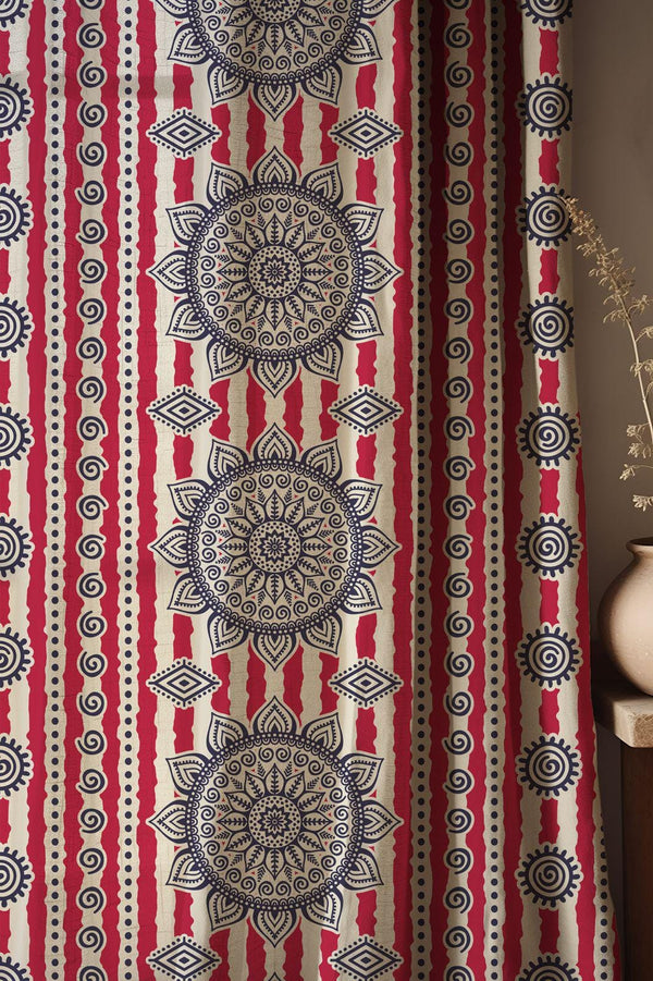 Mandala Stripe Linen Curtain: Boho Red & Navy Window Panel