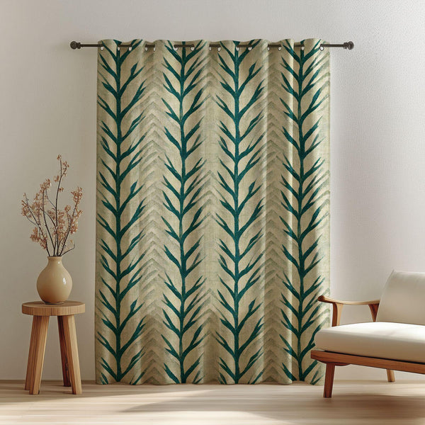 Green Leaf Linen Curtain: Botanical Print, Rustic Window Panel