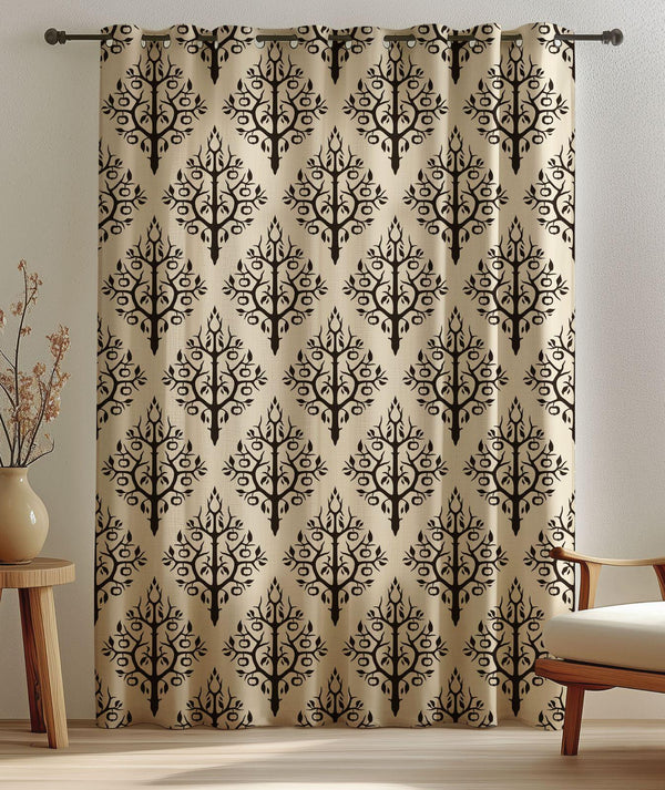 Black Tree Print Linen Curtain: Boho Rustic Window Panel