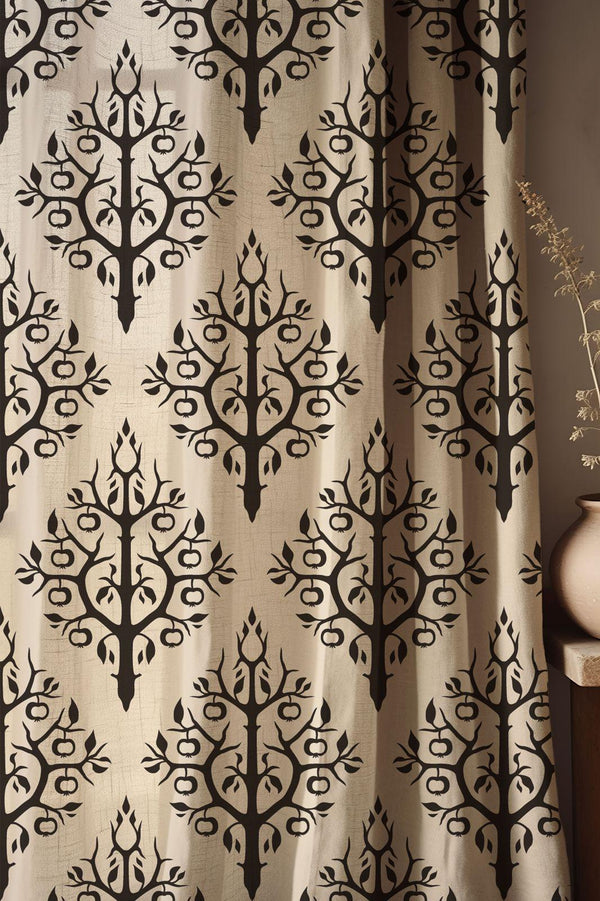 Black Tree Print Linen Curtain: Boho Rustic Window Panel