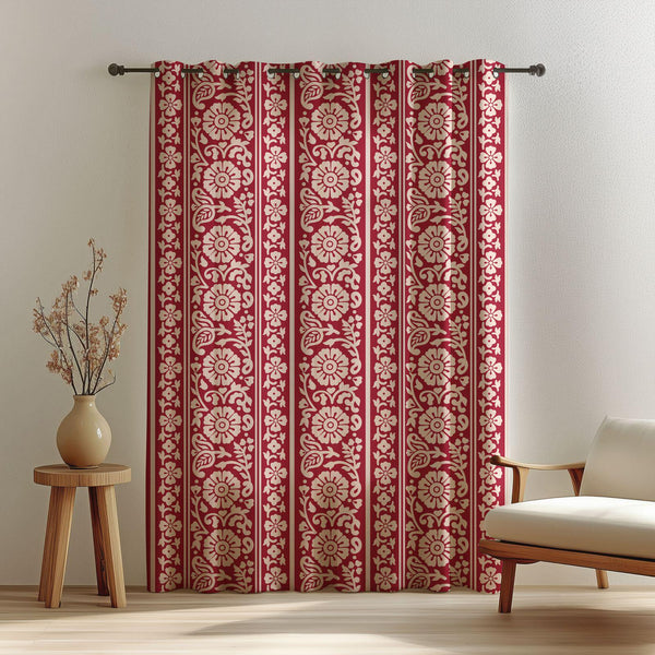Red Floral Block Print Linen Curtain: Boho Indian Stripe Drapery