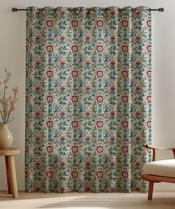 Vintage Floral Linen Curtain: William Morris Style Botanical Drapery