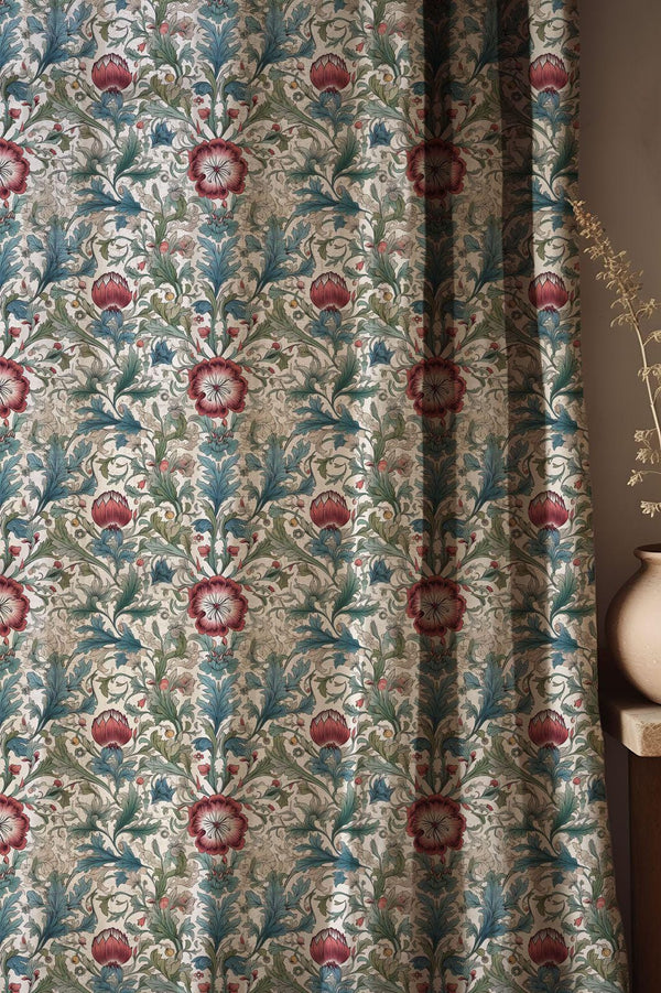Vintage Floral Linen Curtain: William Morris Style Botanical Drapery