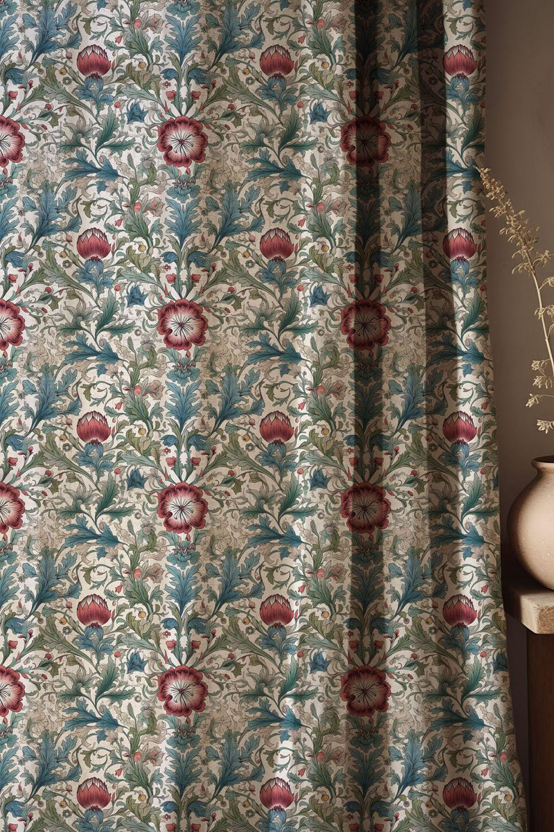 Vintage Floral Linen Curtain: William Morris Style Botanical Drapery