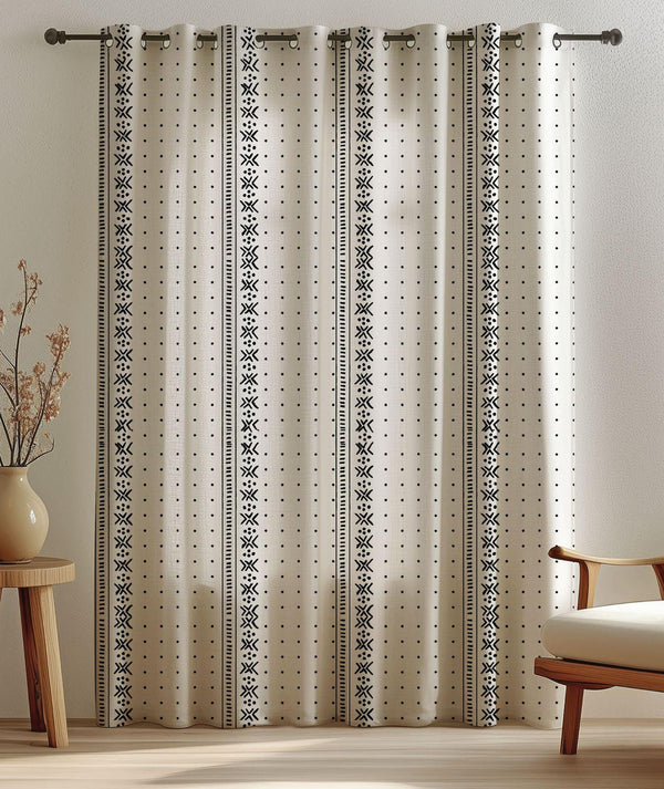 Mudcloth Linen Curtain: Black and White Boho Window Panel